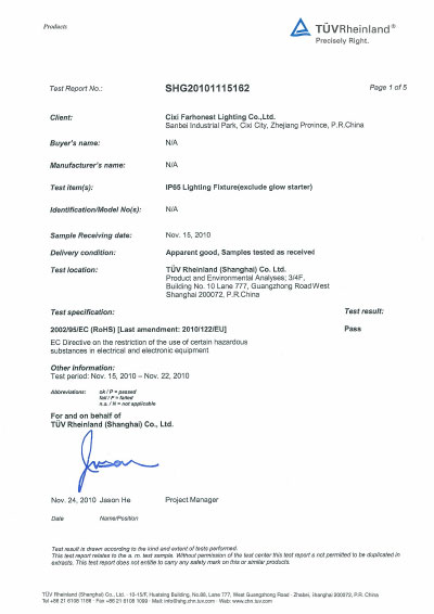 P65-Waterproof-light-Test-report（Rohs)